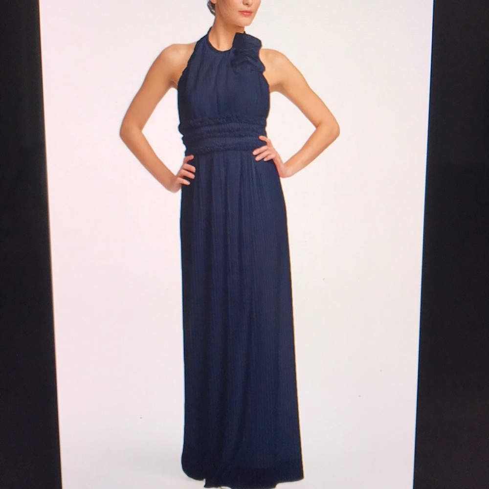 Pleated Mesh Halter Gown Navy